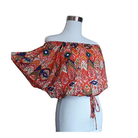 VINTAGE‎ 90s Y2K Crop Top Size Small Loose Fit Orange Blue Aztec Tribal Festival - Picture 2 of 9